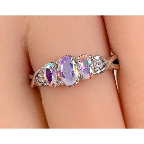 925 STERLING SILVER Simulated Triple Mercury Mystic CZ Ring - Picture 12 of 16